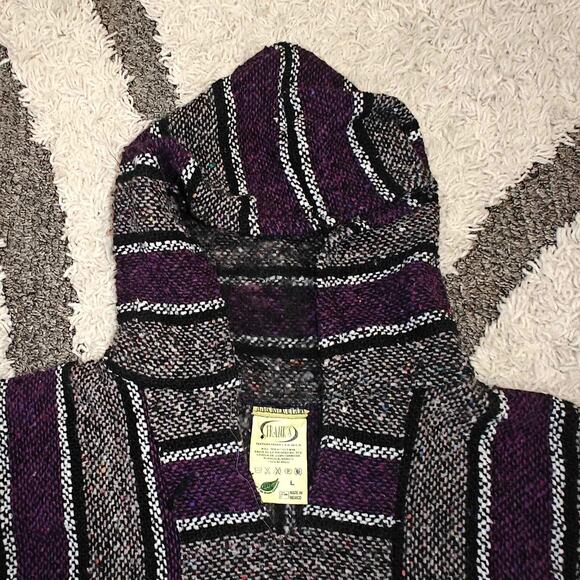 Franks Textiles Men L purple Black Mexican BAJA Poncho Hoodie Pullover Shirt Top - Picture 2 of 7